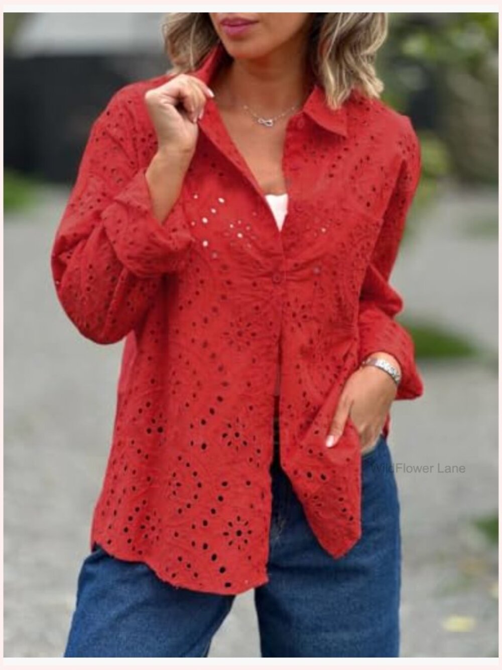 Crochet Eyelet Button Down Rolled Up Long Sleeve Boho Blouse Shirt Tops - Picture 3 of 4